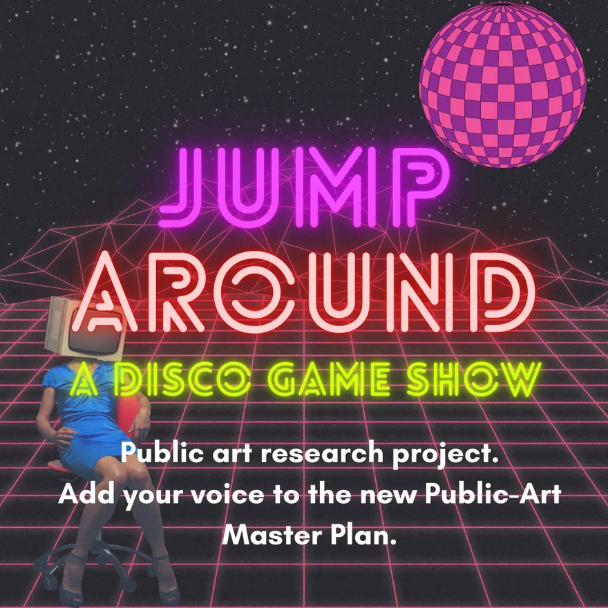 A crowd in motion under colourful lights at the Jump Around disco game show.