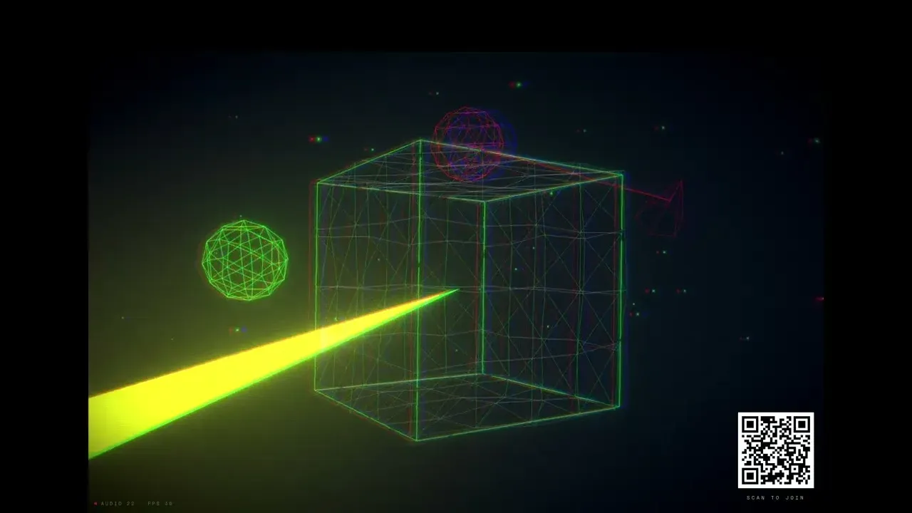 The projected scene — a green wireframe cube and geodesic spheres drifting in dark space, cut through by a beam of yellow light, with a QR code reading "scan to join" in the corner.