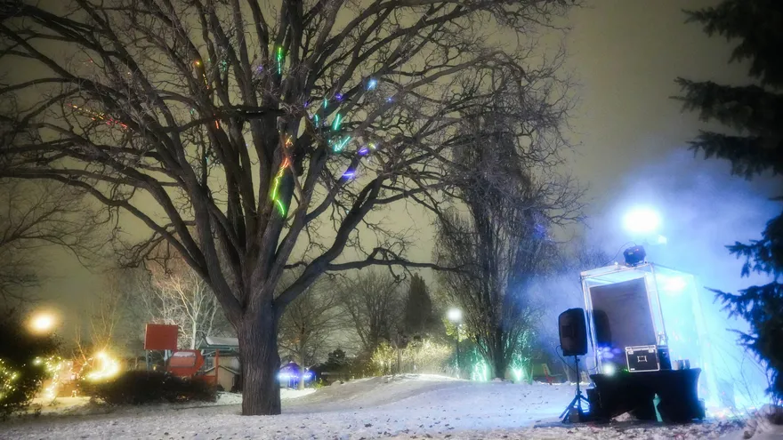 The ancient oak at night with laser light tracing its branches, the glowing portal structure standing to the right.